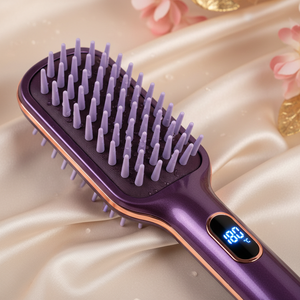Détail affichage LED et picots anti-brûlure de la brosse lissante